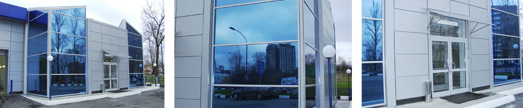 Остекление фасадов магазинов большими стеклопакетами Озёры